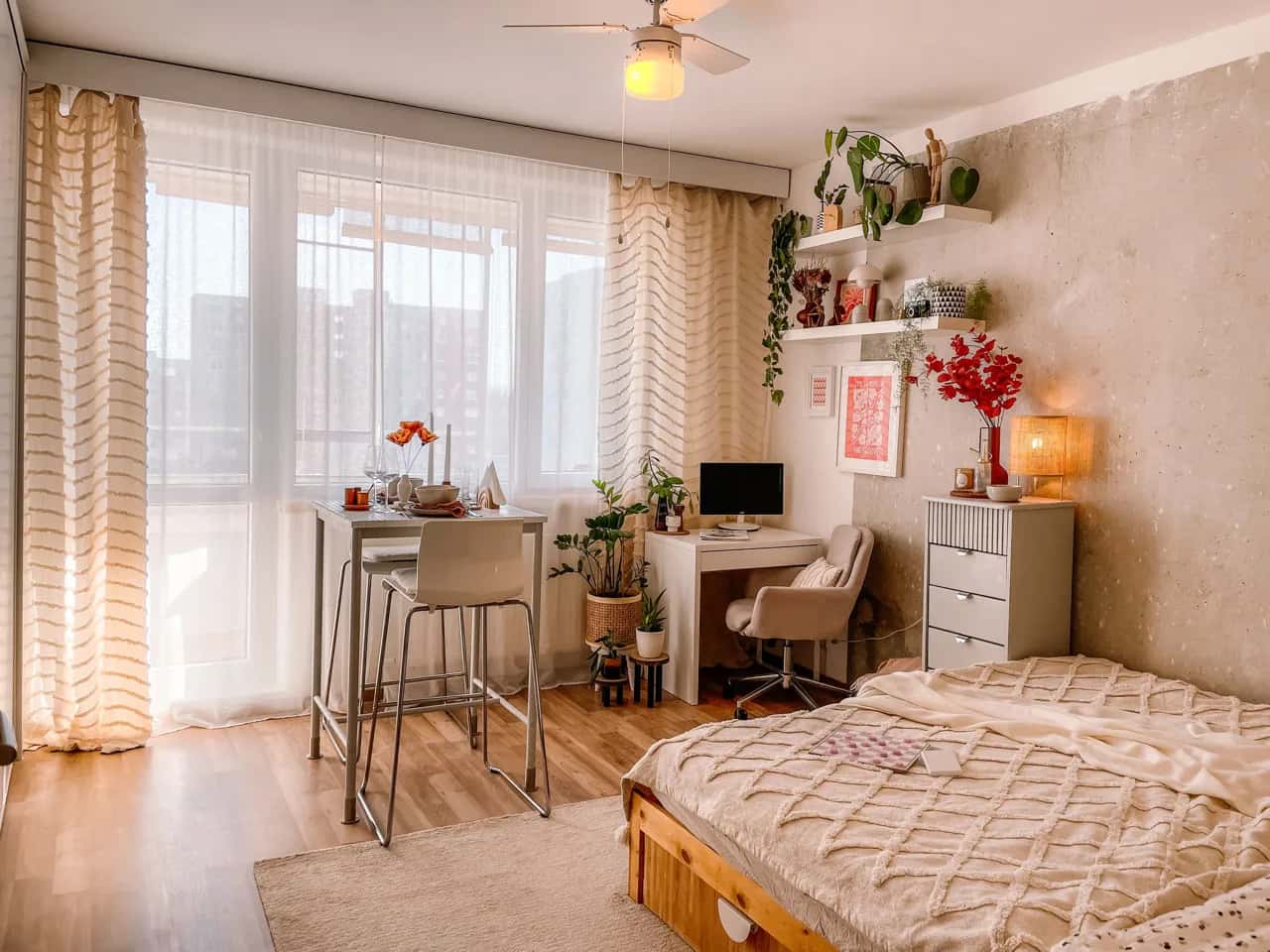 Compact studio suite with a bed, desk workstation and plants by a bright window - student rental suite builders, Ontario, Canada