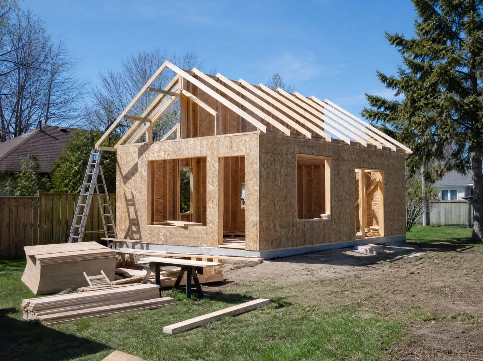 Backyard dwelling under construction, framing and trusses, Ontario, Canada