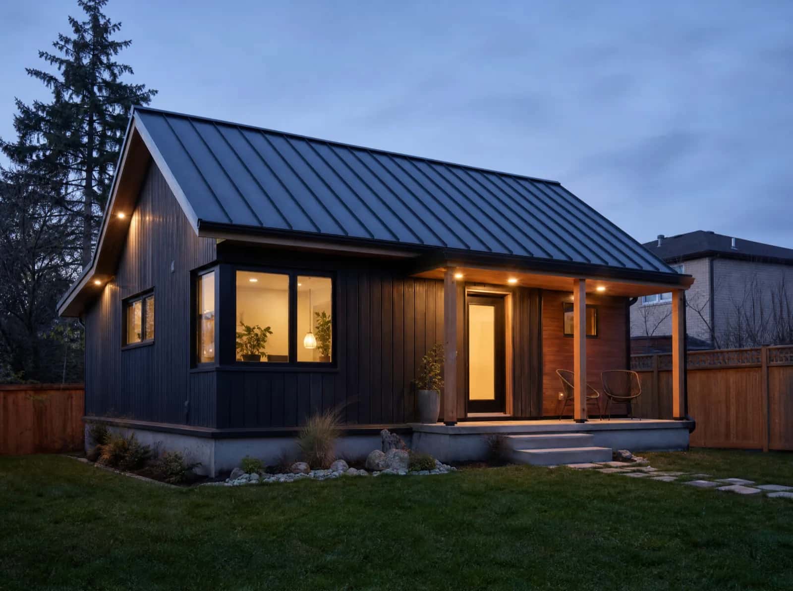 Detached backyard dwelling lit at dusk, Ontario, Canada