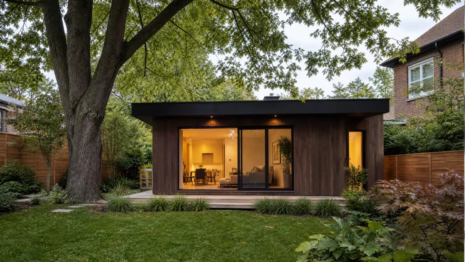 Dark-clad single-storey garden suite lit from inside, under a mature tree in a fenced backyard - Ontario garden suite rules, Canada