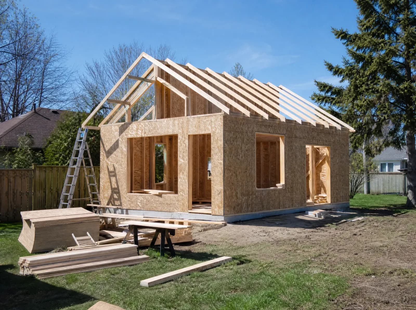 Backyard dwelling under construction, framing and trusses, Ontario, Canada