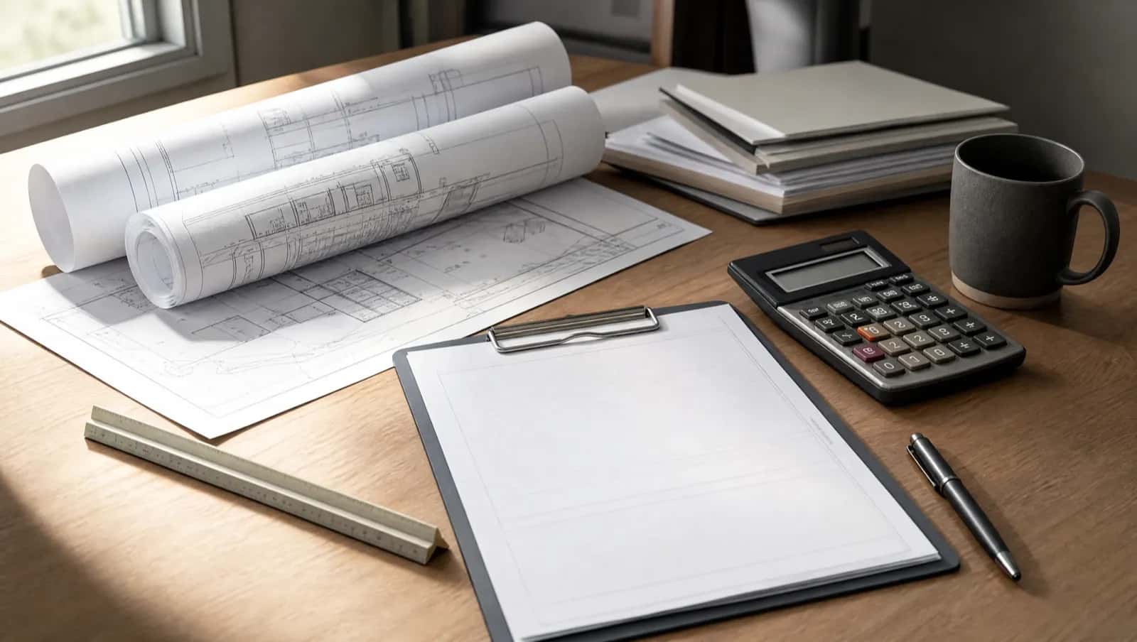Rolled building drawings, a clipboard, calculator and coffee mug on a desk - comparing GTA ADU permit fees, Ontario, Canada - Garage Conversion Cost
